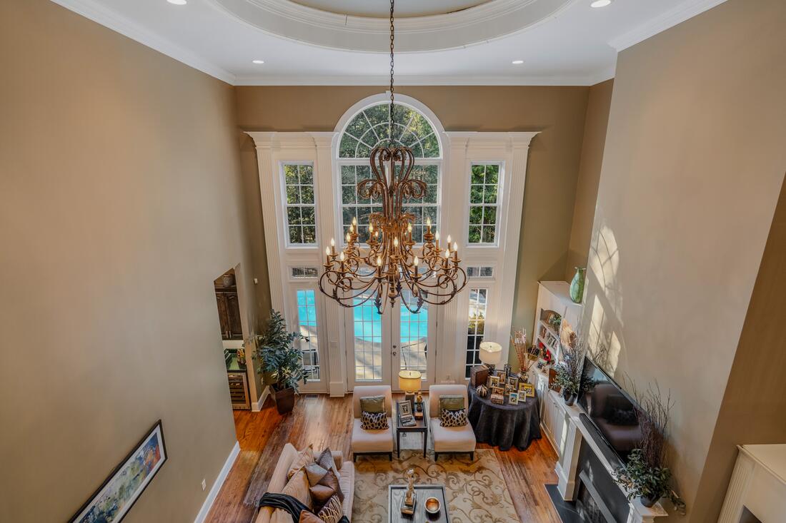 Family room seen from the upstairs balcony