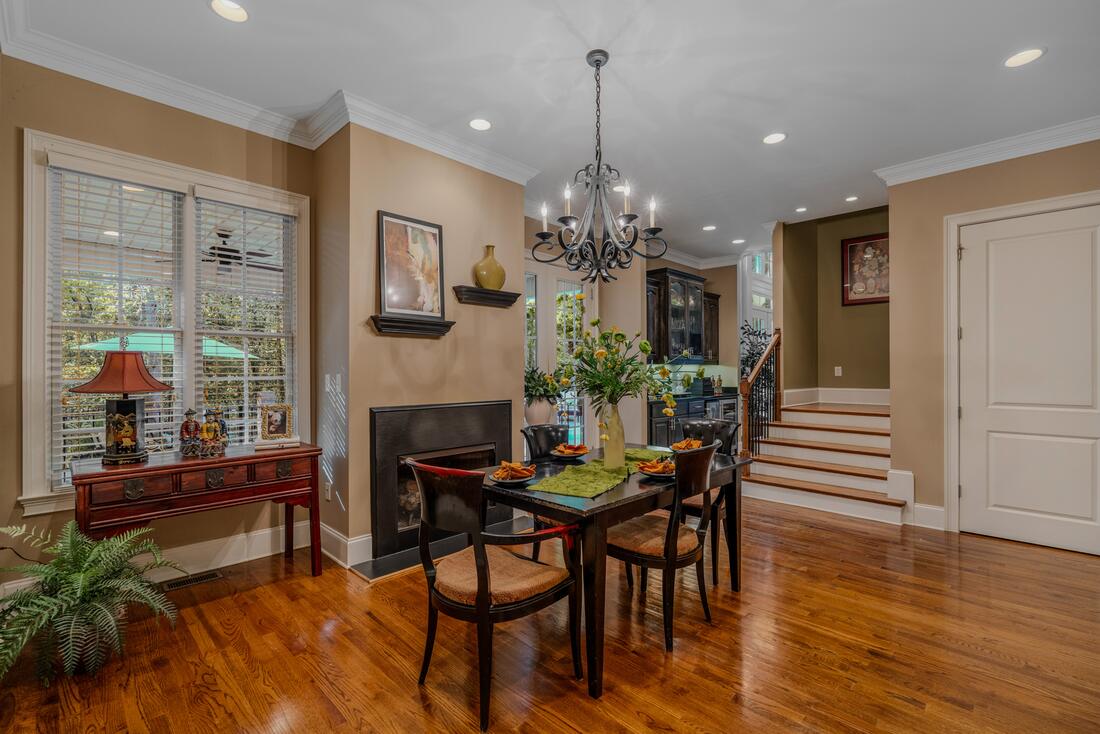 Breakfast room fireplace and French doors